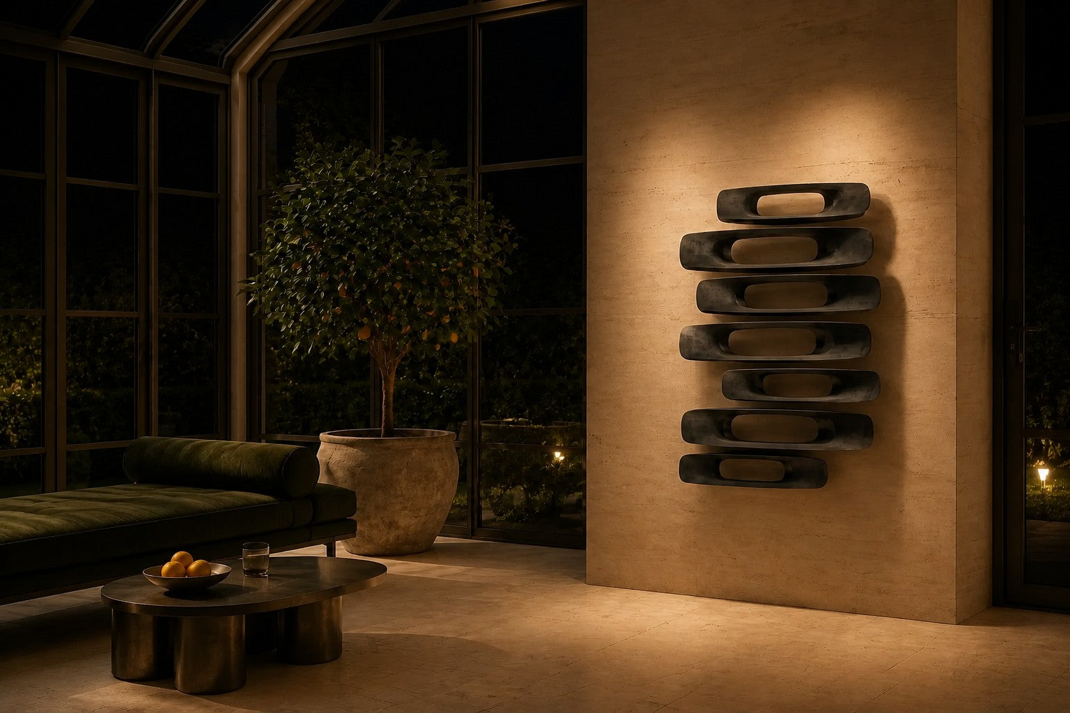 Gunmetal with bright edges bronze wall sculpture Scalino, graduated blades stepped across a concealed spine, on a plaster wall.