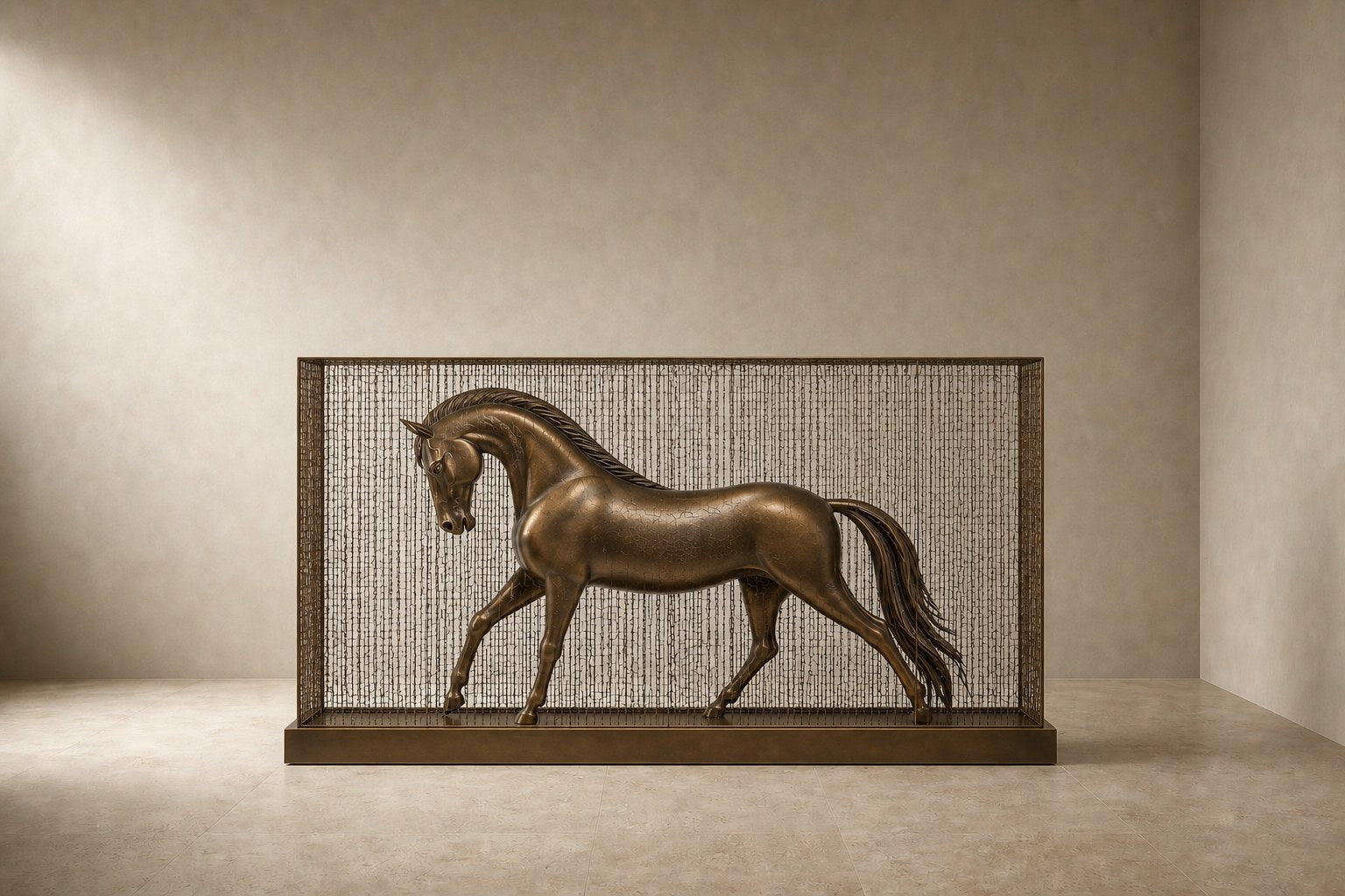 Bronze figure sculpture Dehesa with a dry crackled patina, standing inside a fine drawn-wire case on a bronze plinth.