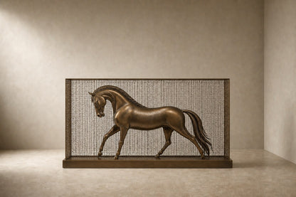 Bronze figure sculpture Dehesa with a dry crackled patina, standing inside a fine drawn-wire case on a bronze plinth.