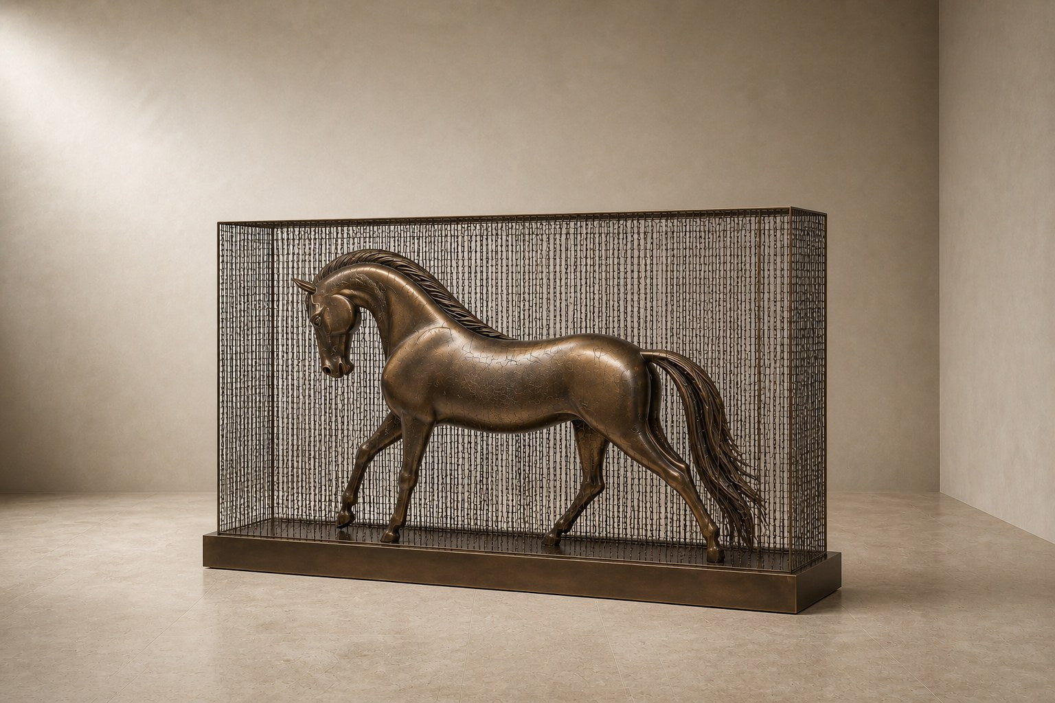 Bronze figure sculpture Dehesa with a dry crackled patina, standing inside a fine drawn-wire case on a bronze plinth.