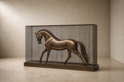 Bronze figure sculpture Dehesa with a dry crackled patina, standing inside a fine drawn-wire case on a bronze plinth.