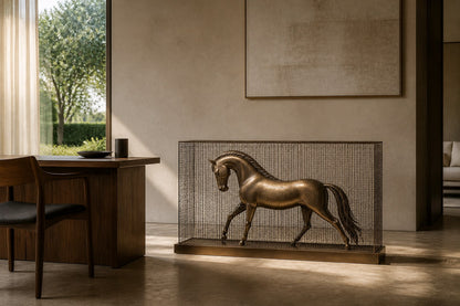 Bronze figure sculpture Dehesa with a dry crackled patina, standing inside a fine drawn-wire case on a bronze plinth.