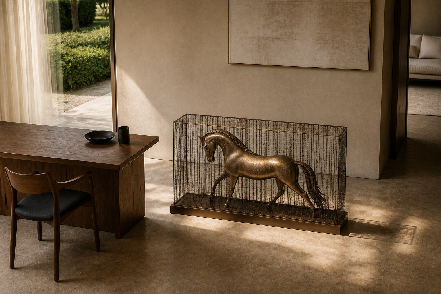 Bronze figure sculpture Dehesa with a dry crackled patina, standing inside a fine drawn-wire case on a bronze plinth.