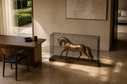 Bronze figure sculpture Dehesa with a dry crackled patina, standing inside a fine drawn-wire case on a bronze plinth.