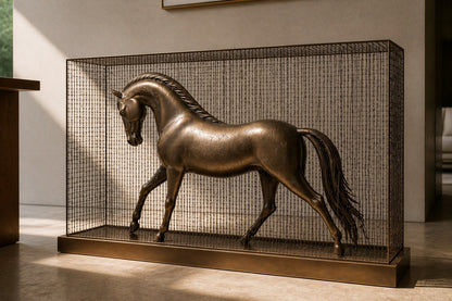 Bronze figure sculpture Dehesa with a dry crackled patina, standing inside a fine drawn-wire case on a bronze plinth.