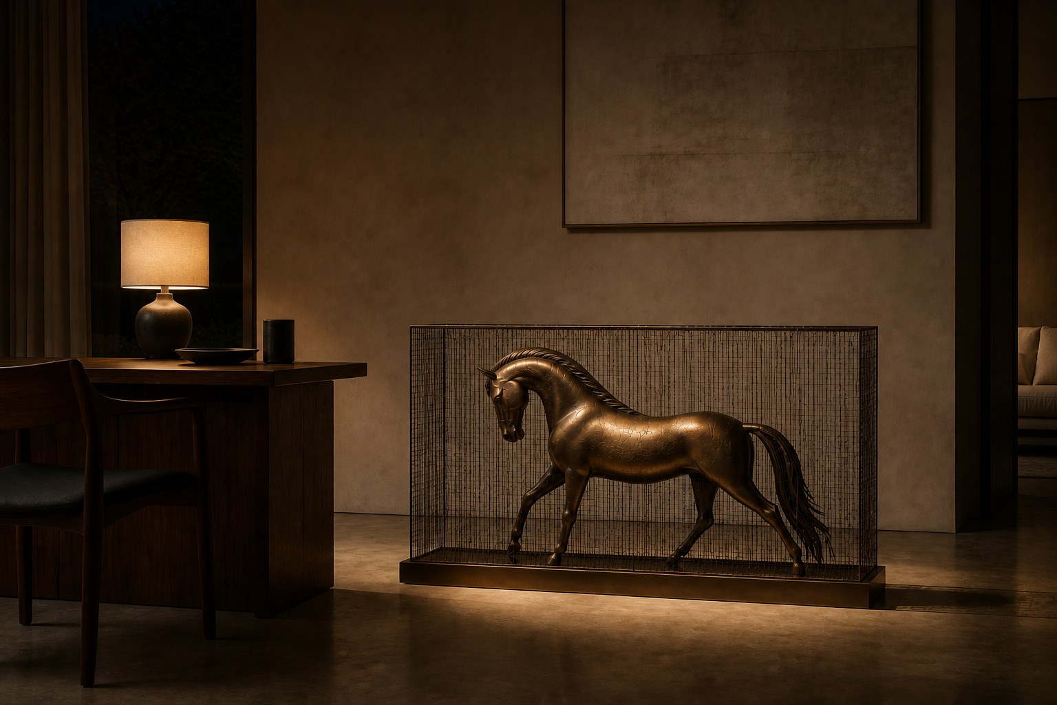 Bronze figure sculpture Dehesa with a dry crackled patina, standing inside a fine drawn-wire case on a bronze plinth.