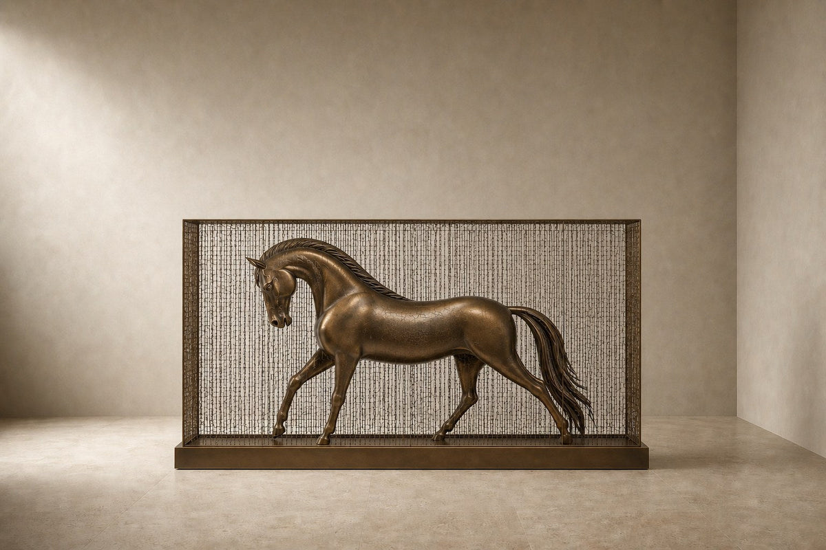 Bronze figure sculpture Dehesa with a dry crackled patina, standing inside a fine drawn-wire case on a bronze plinth.