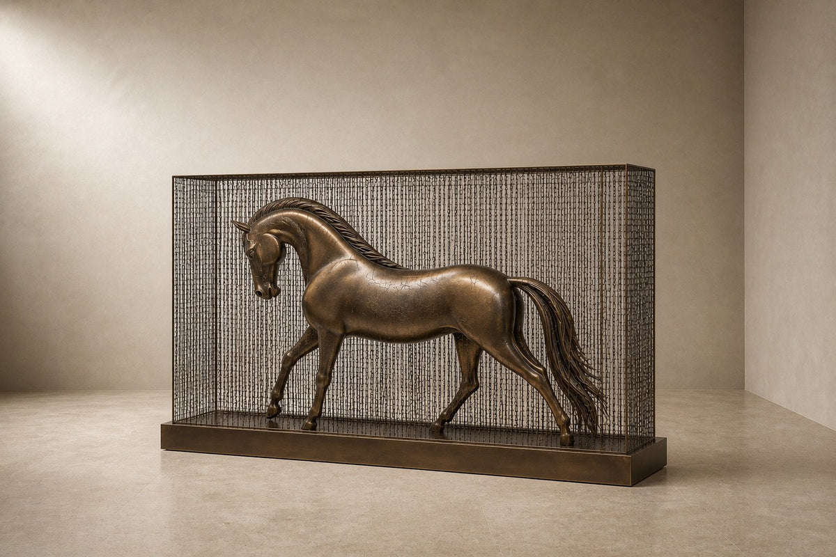 Bronze figure sculpture Dehesa with a dry crackled patina, standing inside a fine drawn-wire case on a bronze plinth.