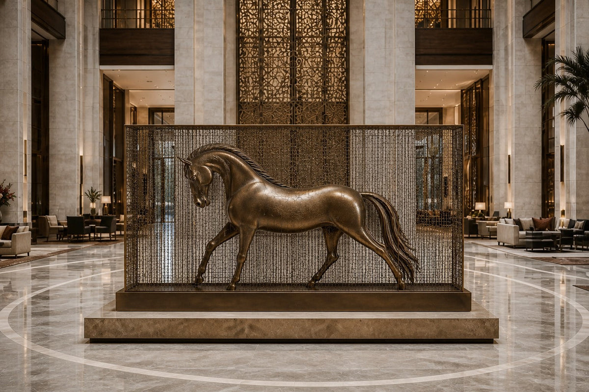Bronze figure sculpture Dehesa with a dry crackled patina, standing inside a fine drawn-wire case on a bronze plinth.