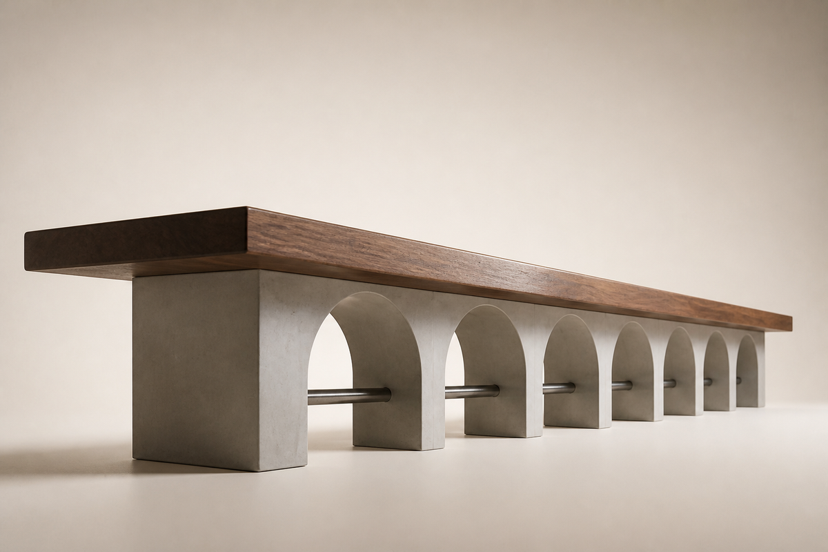 Descanso 240 stone sculptural bench, three-quarter studio view showing its profile