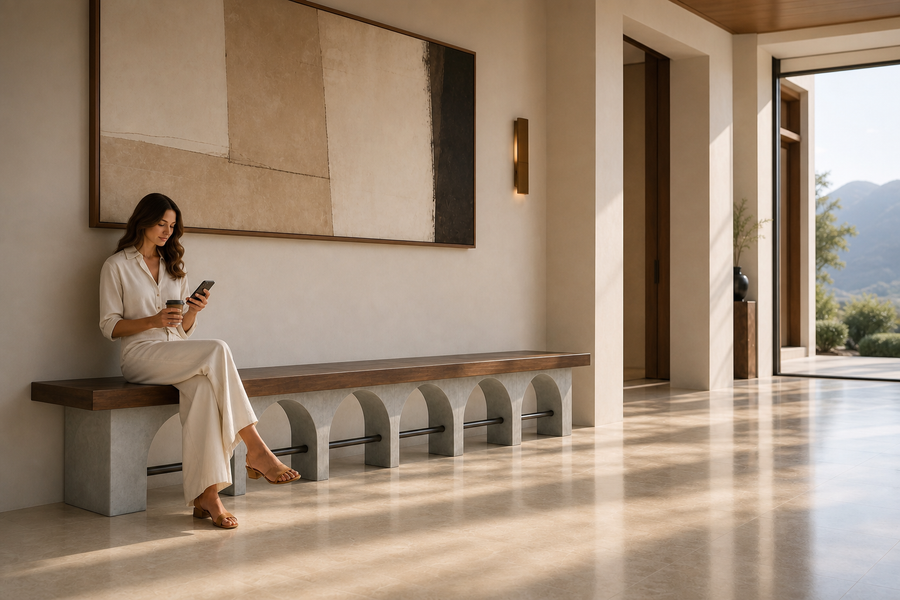 Descanso 240 stone sculptural bench, shown in a room setting, at full scale