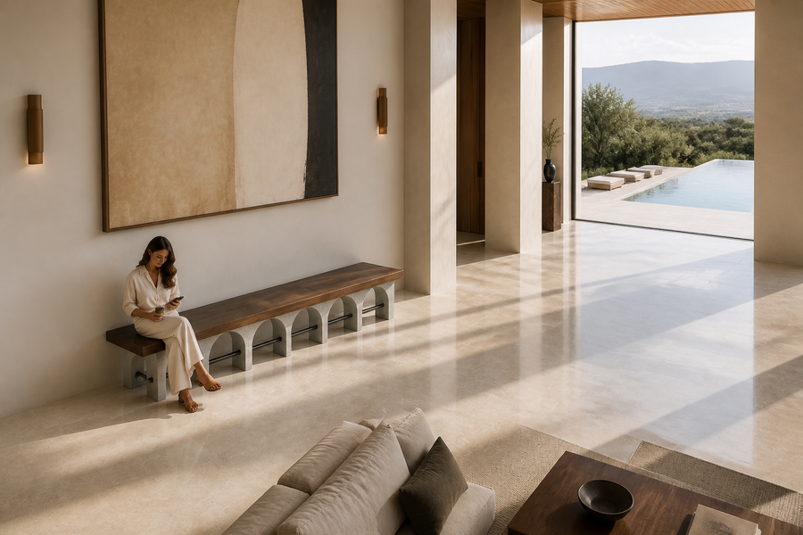 Descanso 240 stone sculptural bench, overhead view in a room setting