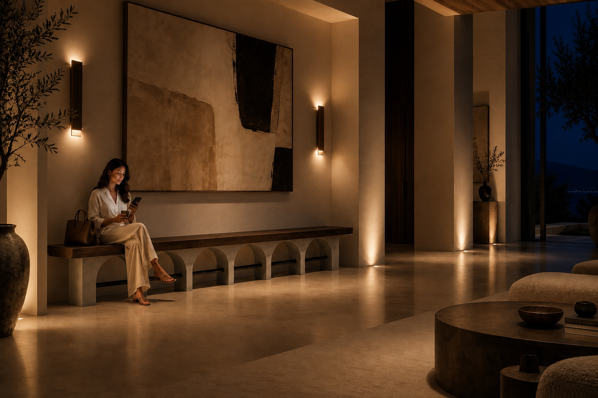 Descanso 240 stone sculptural bench, in a room setting under evening light