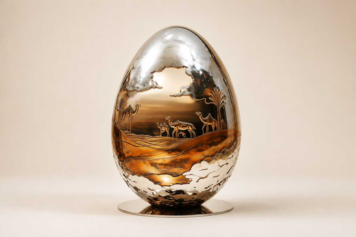 Desert Reverie — Engraved Stainless Steel Egg Sculpture, studio view of the whole piece