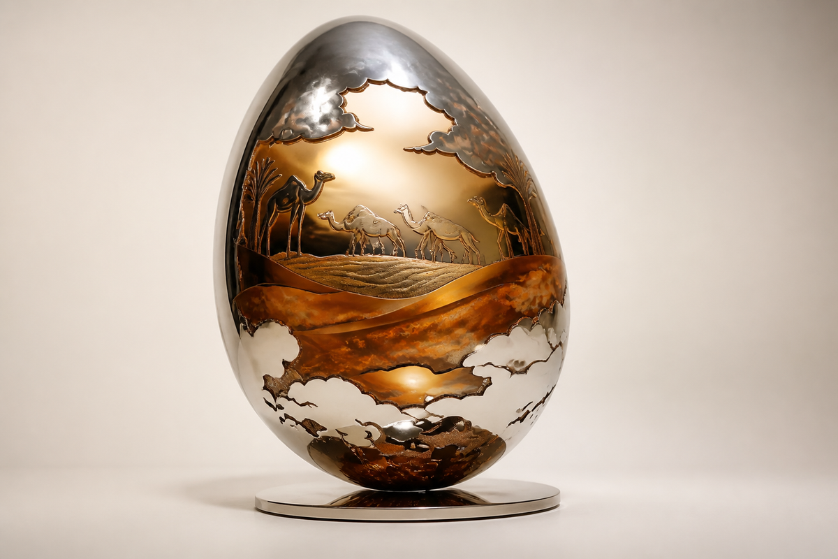 Desert Reverie — Engraved Stainless Steel Egg Sculpture, three-quarter studio view showing its profile