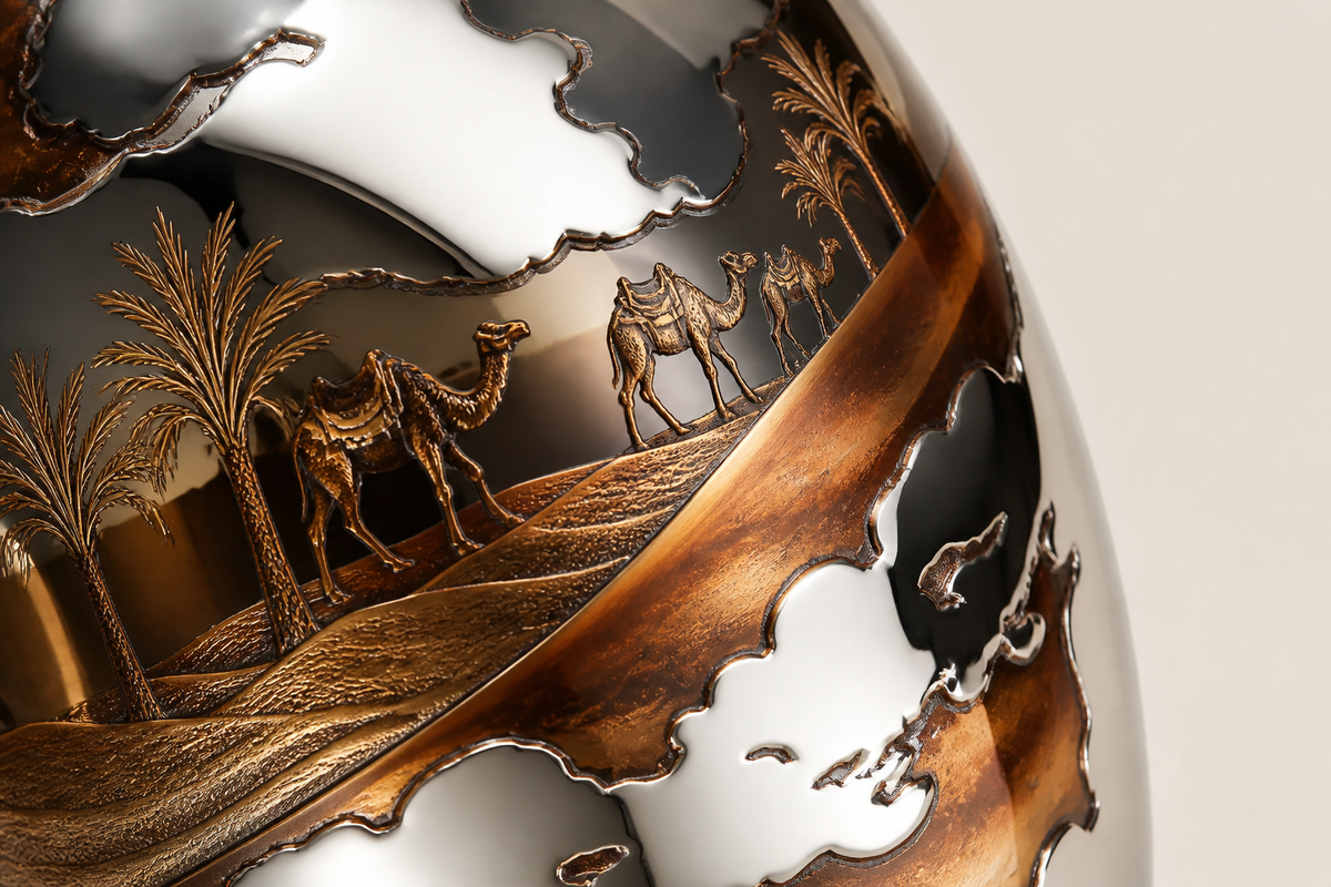 Desert Reverie — Engraved Stainless Steel Egg Sculpture, close studio detail of the surface and material