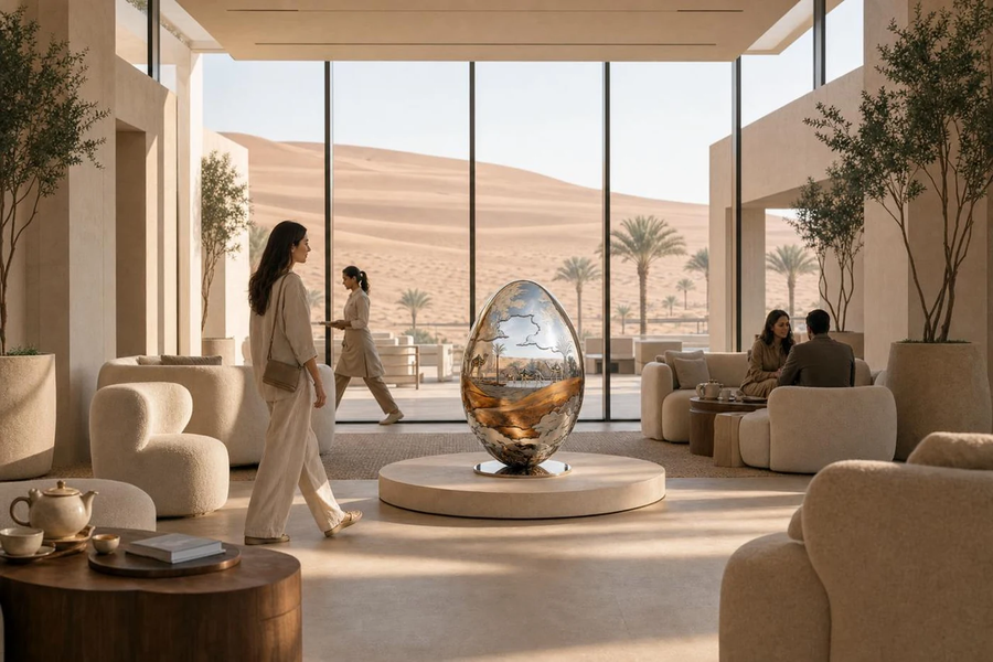 Desert Reverie — Engraved Stainless Steel Egg Sculpture, shown in a room setting, at full scale