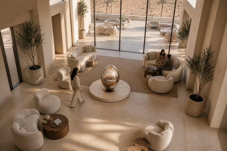Desert Reverie — Engraved Stainless Steel Egg Sculpture, overhead view in a room setting