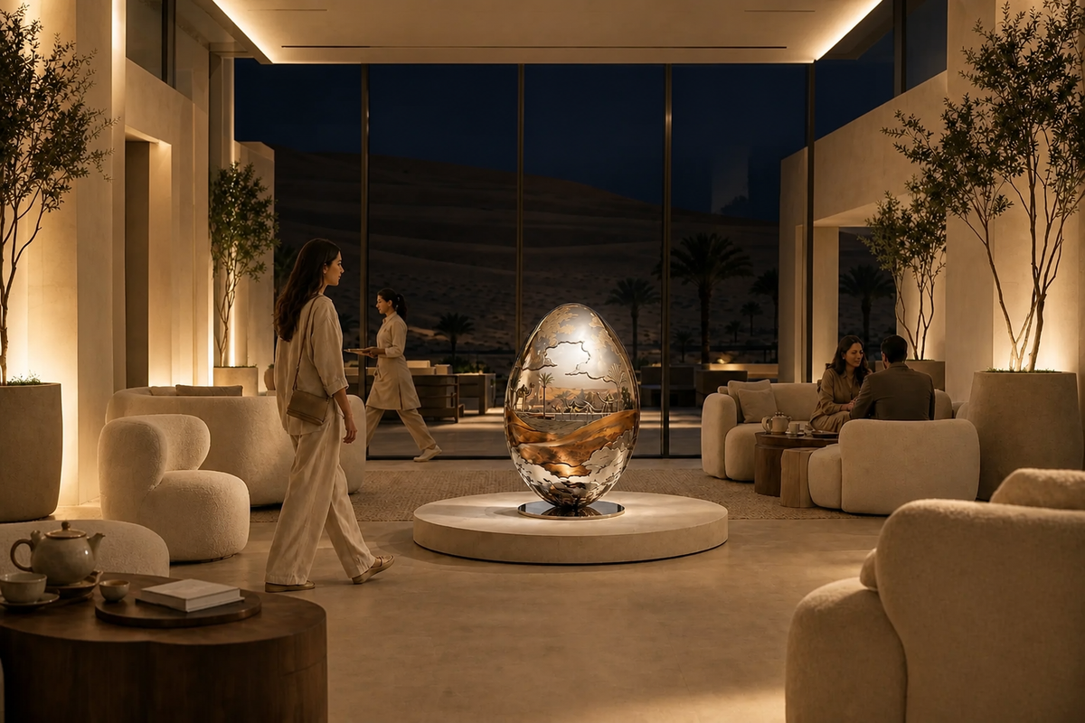 Desert Reverie — Engraved Stainless Steel Egg Sculpture, in a room setting under evening light