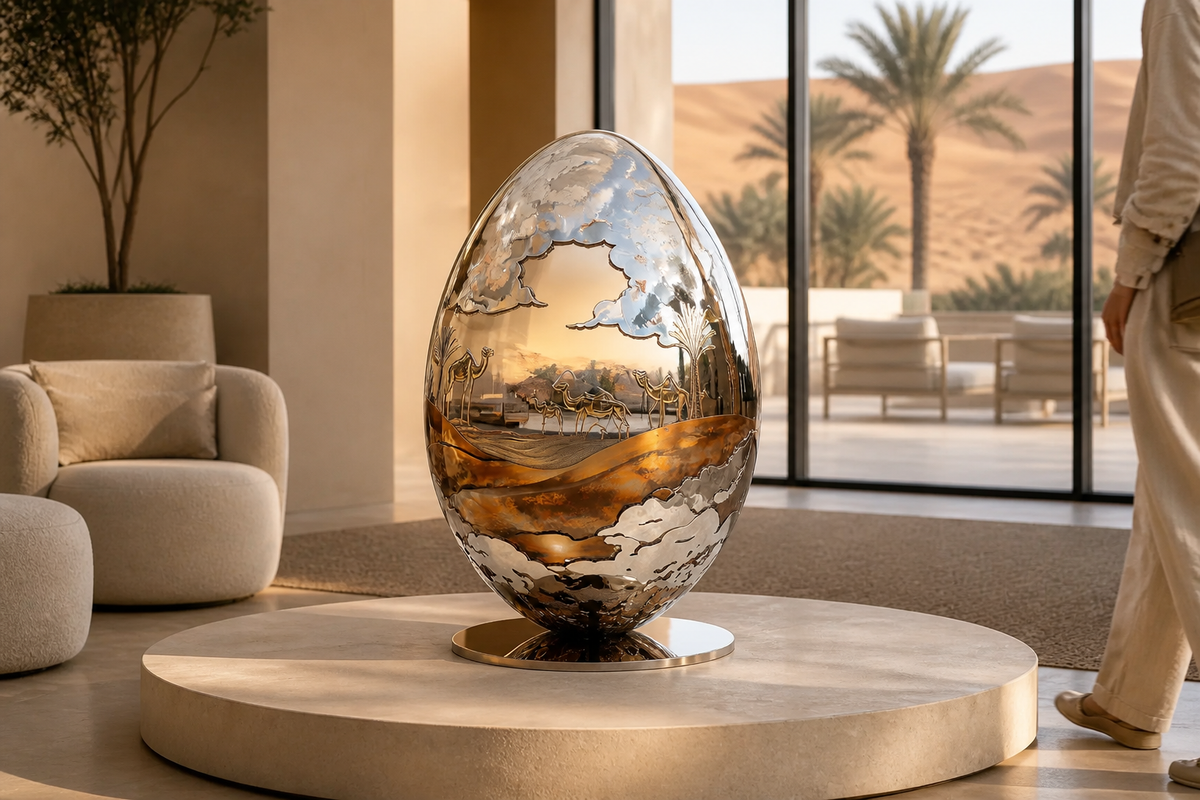 Desert Reverie — Engraved Stainless Steel Egg Sculpture