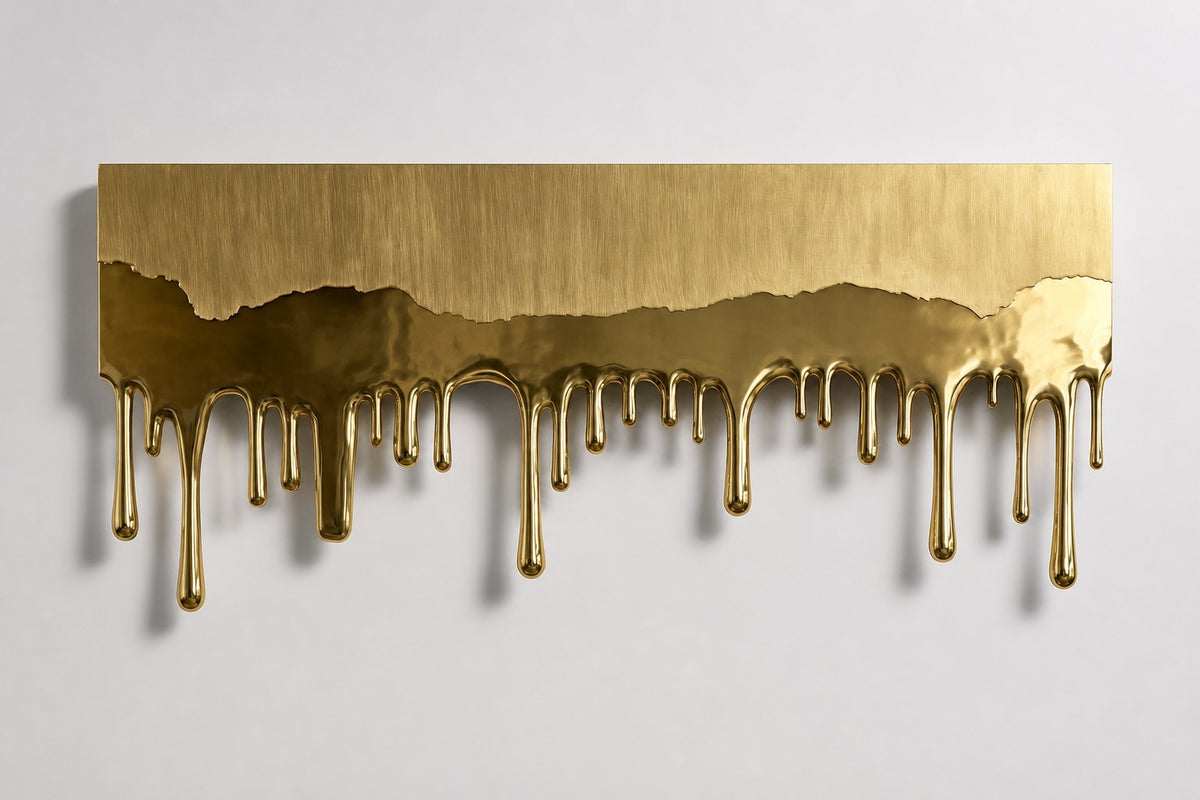 Deshielo — brass sheet wall sculpture melting into drips, studio front view