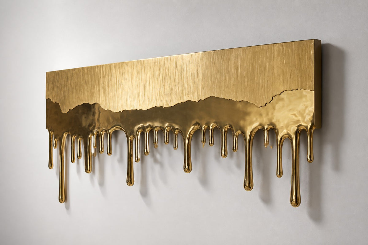 Deshielo — brass sheet wall sculpture melting into drips, studio side angle showing its depth