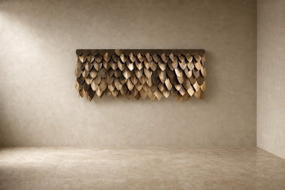 Warm antique gold brass wall sculpture Dhahab, overlapping leaf plates shingled on a concealed rail, on a plaster wall.