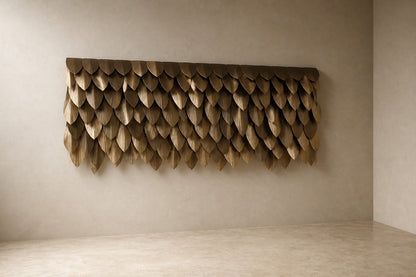 Warm antique gold brass wall sculpture Dhahab, overlapping leaf plates shingled on a concealed rail, on a plaster wall.
