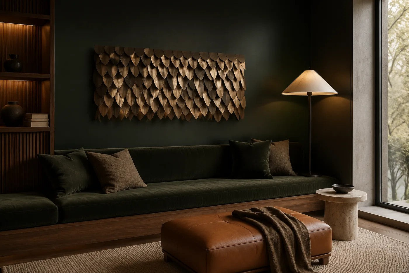 Warm antique gold brass wall sculpture Dhahab, overlapping leaf plates shingled on a concealed rail, on a plaster wall.