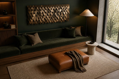 Warm antique gold brass wall sculpture Dhahab, overlapping leaf plates shingled on a concealed rail, on a plaster wall.
