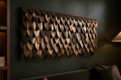 Warm antique gold brass wall sculpture Dhahab, overlapping leaf plates shingled on a concealed rail, on a plaster wall.