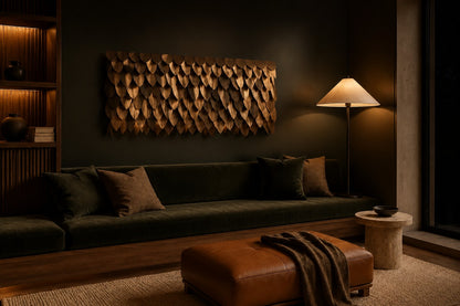 Warm antique gold brass wall sculpture Dhahab, overlapping leaf plates shingled on a concealed rail, on a plaster wall.
