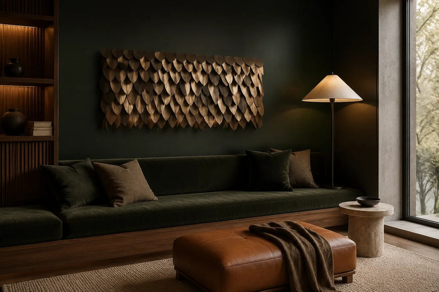 Dhahab — 200 × 70 cm long brass wall panel of overlapping leaf-shaped scales, placed in a furnished room