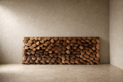 Large rectangular panel of overlapping timber plates in graded brown tones.