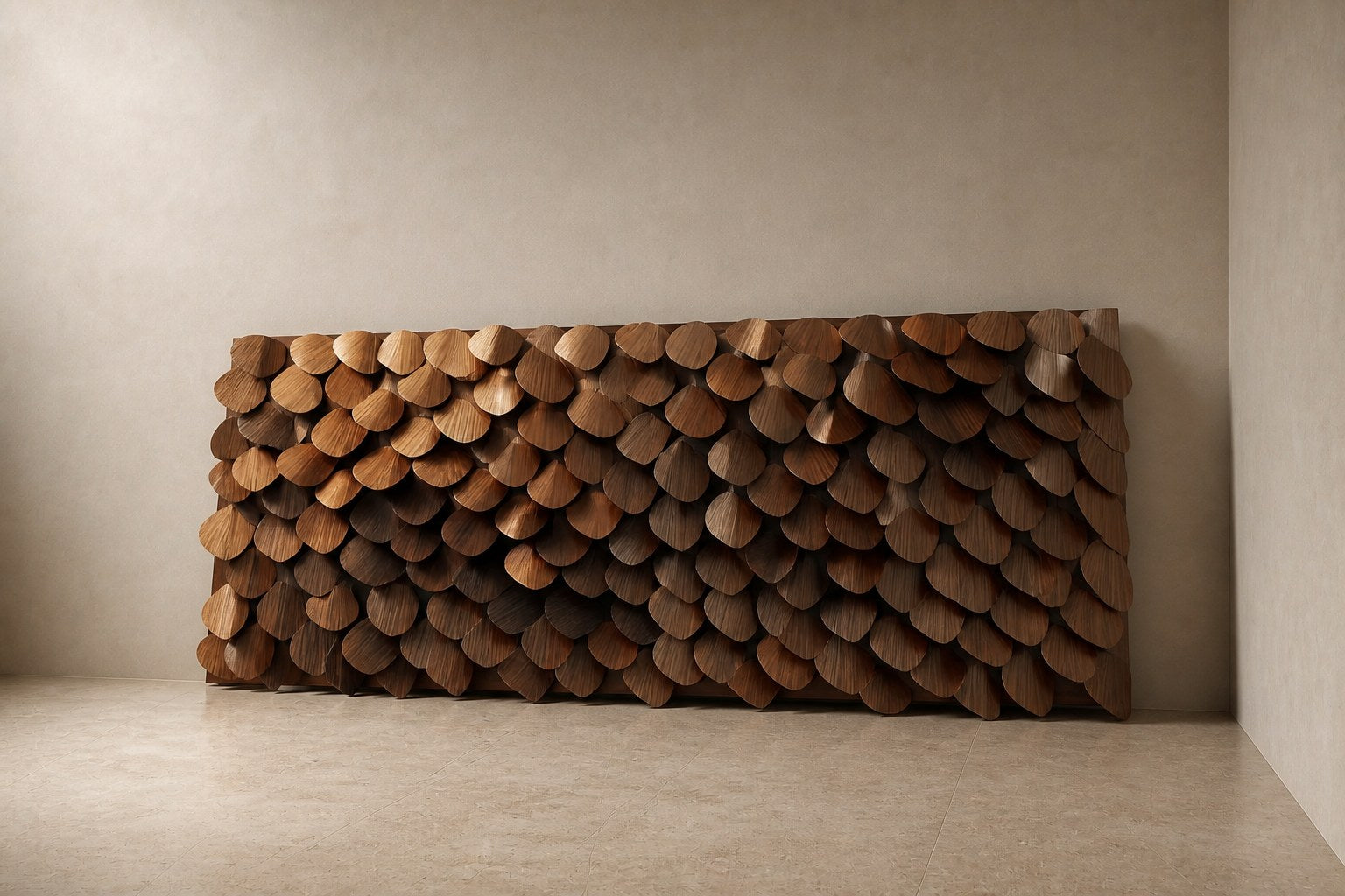 Large rectangular panel of overlapping timber plates in graded brown tones.