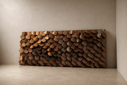 Large rectangular panel of overlapping timber plates in graded brown tones.