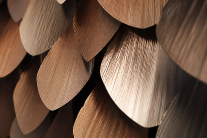 Large rectangular panel of overlapping timber plates in graded brown tones.