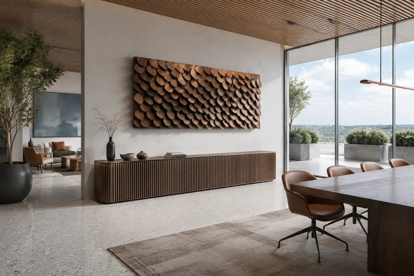 Large rectangular panel of overlapping timber plates in graded brown tones.