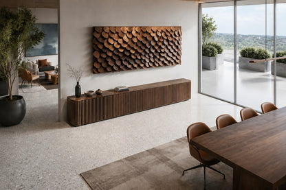 Large rectangular panel of overlapping timber plates in graded brown tones.