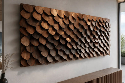 Large rectangular panel of overlapping timber plates in graded brown tones.