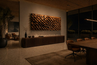 Large rectangular panel of overlapping timber plates in graded brown tones.