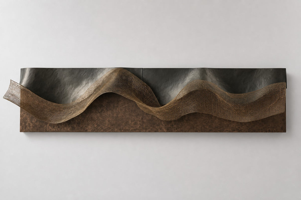 Dobra — folded dark bronze wall sculpture with a brass mesh wave, studio front view