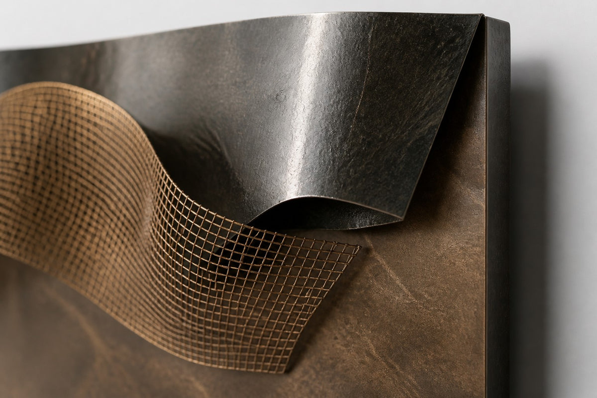 Dobra — folded dark bronze wall sculpture with a brass mesh wave, close detail of the surface and edge