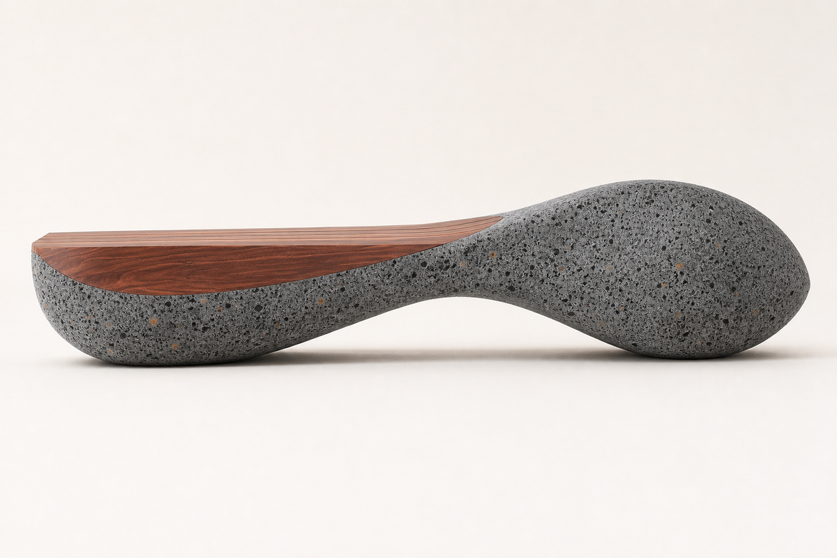 DRIFT CORE BENCH I stone, studio view of the whole piece