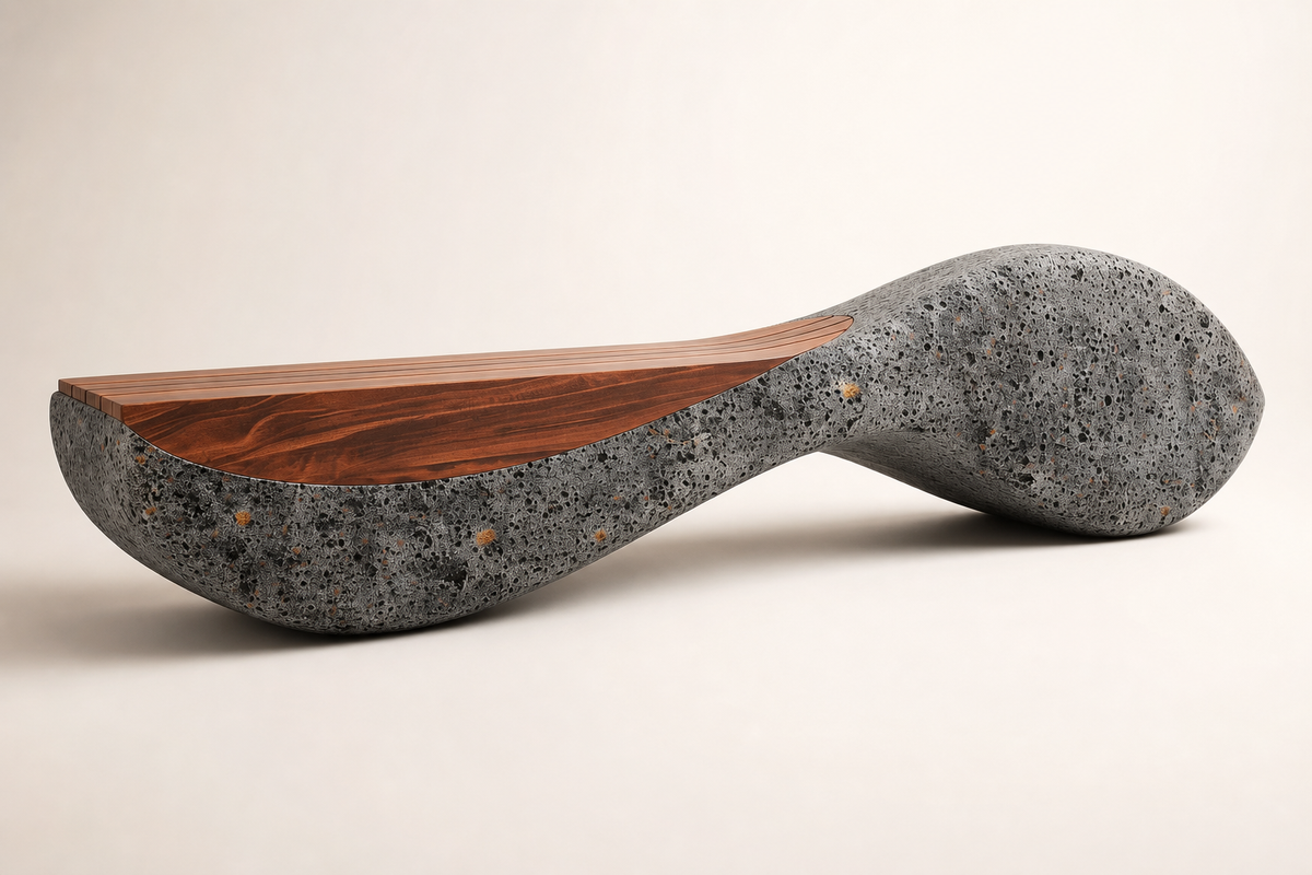 DRIFT CORE BENCH I stone, three-quarter studio view showing its profile