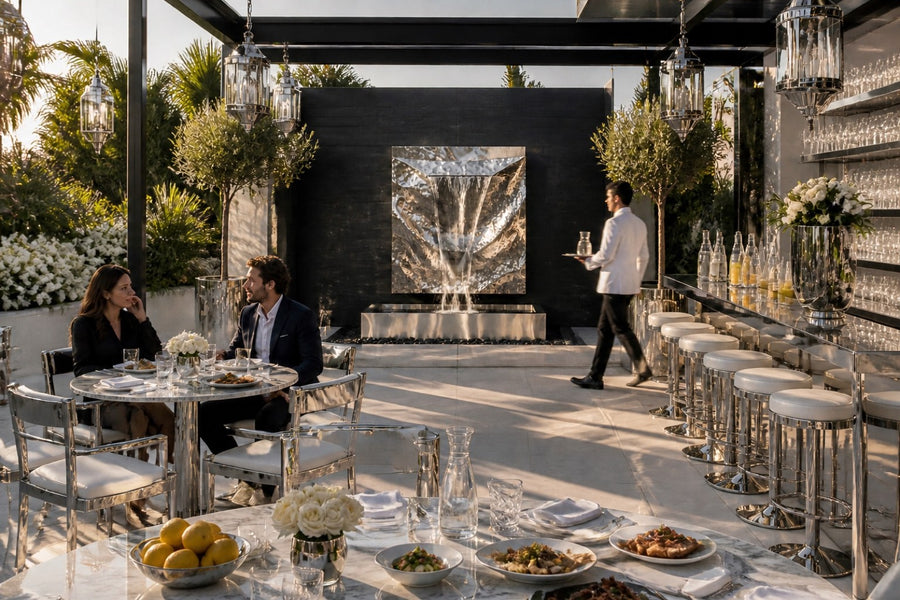 Drift — hammered stainless panel wall fountain, installed on the wall in a furnished setting