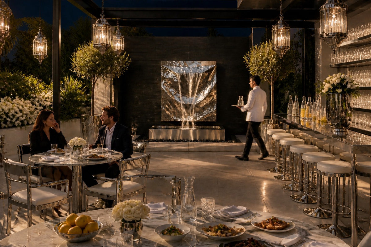 Drift — hammered stainless panel wall fountain, the same setting at night, water lit