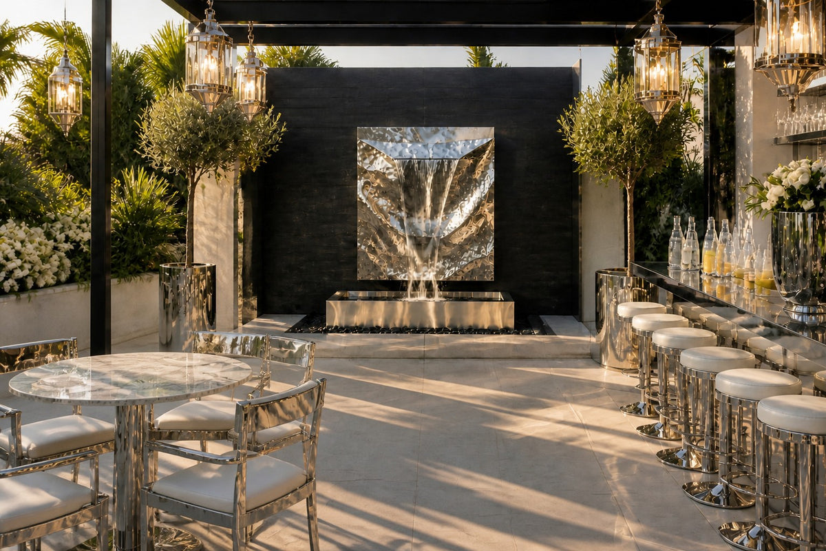 Drift — hammered stainless panel wall fountain, close view on the wall with water running