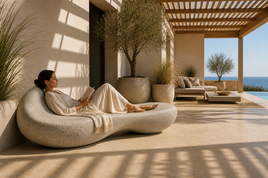 DUNE LOUNGE BENCH IX, shown in a room setting, at full scale