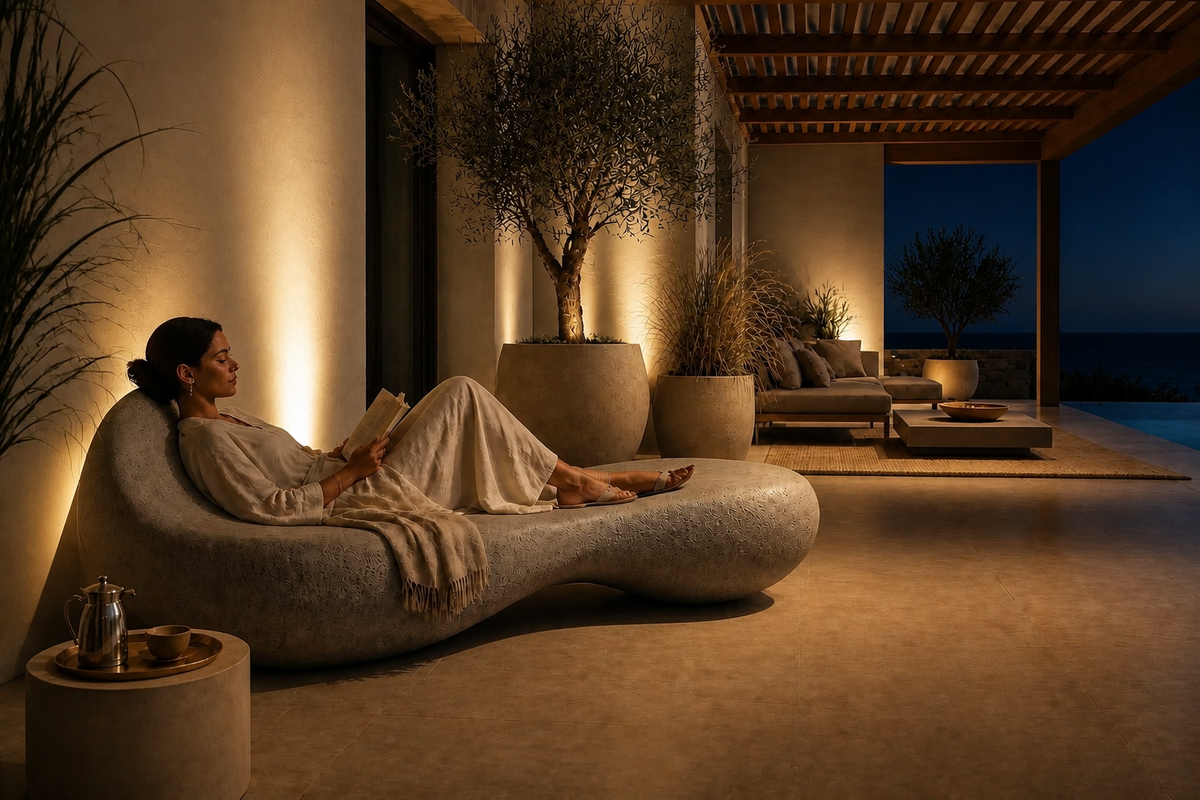 DUNE LOUNGE BENCH IX, in a room setting under evening light
